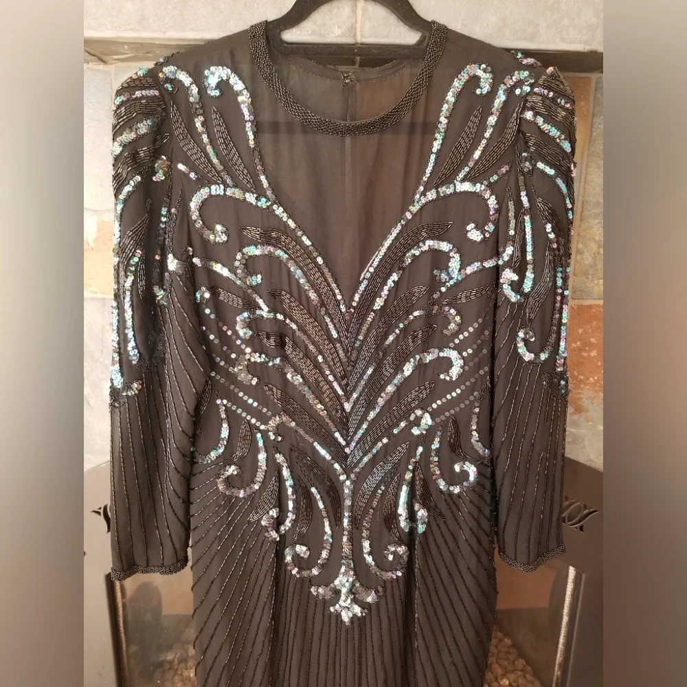 AJ Bari Beaded Silk Formal Dress With Illusion Neck and Long Sleeves Midi Length